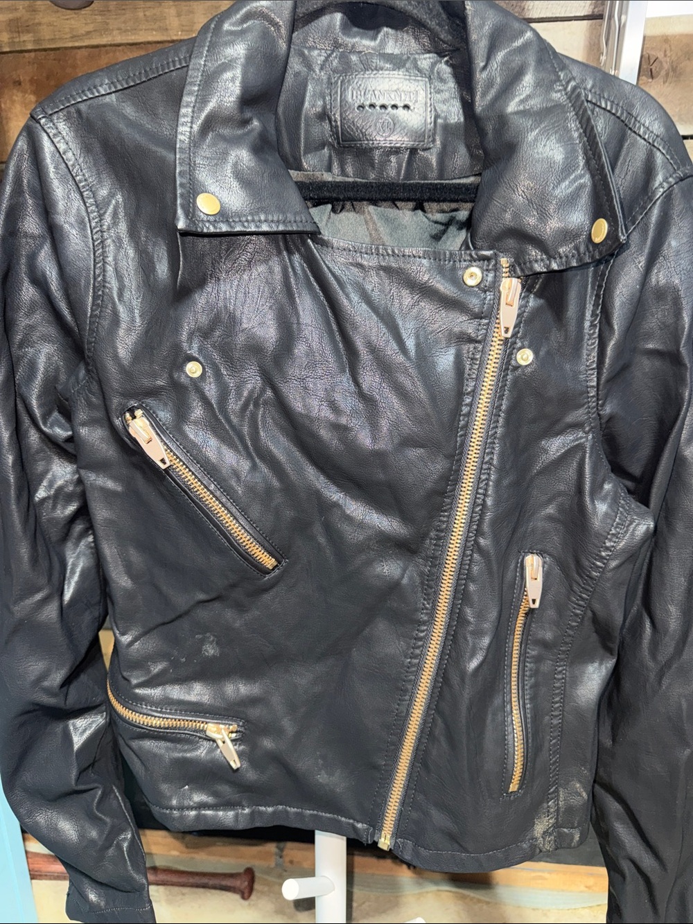 Blank NYC Black Leather Asymmetrical Moto Jacket with Gold Hardware